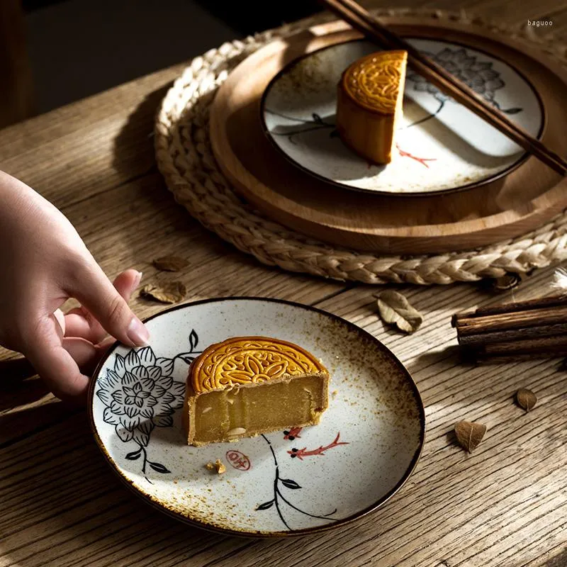 Assiettes en céramique de style japonais, assiette peu profonde créative ronde Snack os plat dîner ménage El R