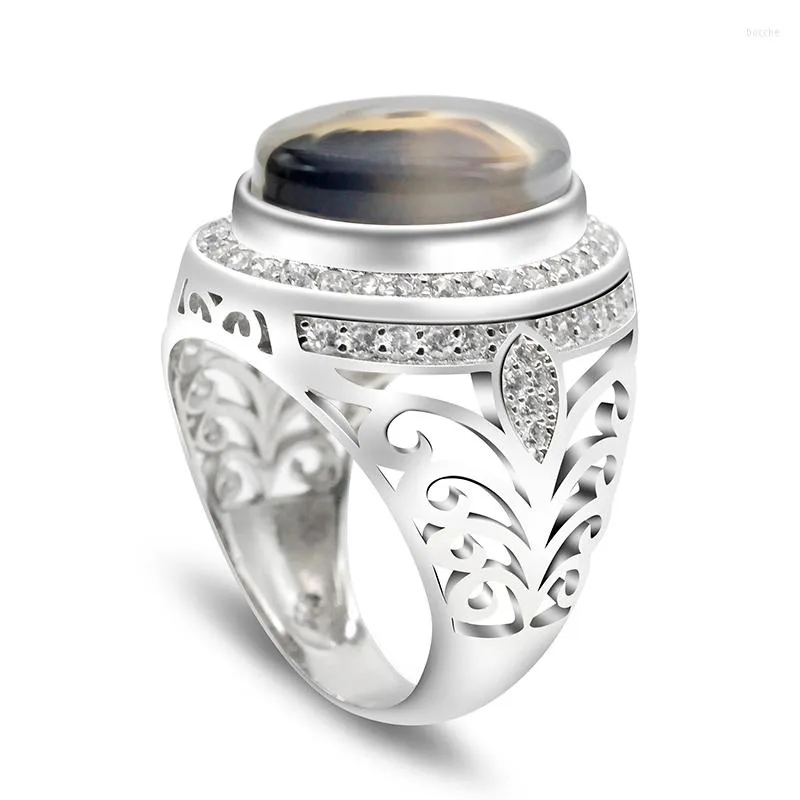 Bagues de grappe ovale pierre d'agate naturelle 925 bague en argent Sterling pour hommes conception creuse bijoux de pierres précieuses de mode cadeau