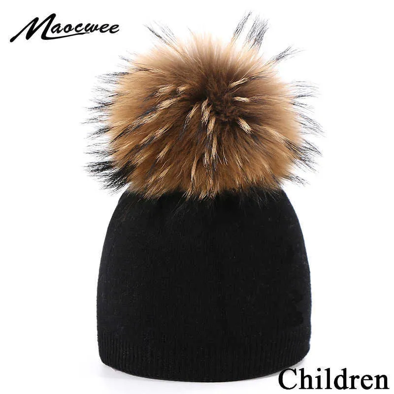 Beanie/Skull Caps mjuk stickad riktig päls Pompon Beanie Hats för barn Vinter utomhus varma tjocka beanies mode virkning fast färg baby kepsar t221020