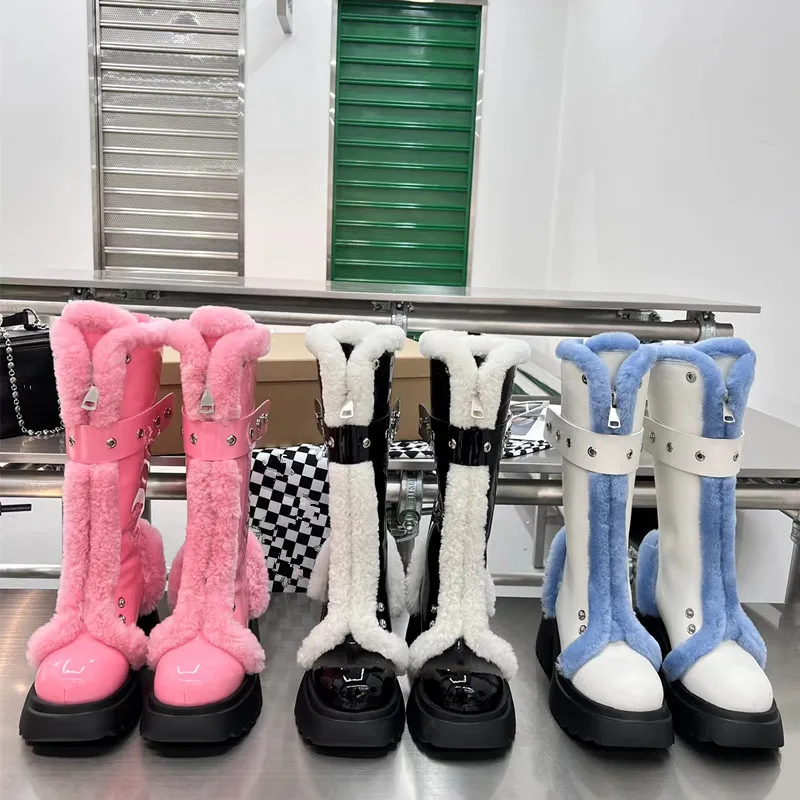 Runway Fur Thick Sole Shinny Leather Boot Women Round Toe Short Plush Snow Boots Warm Winter Shoes Punk Long Booties