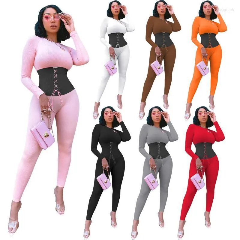 Kvinnors jumpsuits Kvinnor Rompers Ribbing Bandage Solid Color Patchwork Sports Fitness Women Suits Long Sleeve Round Neck Autumn