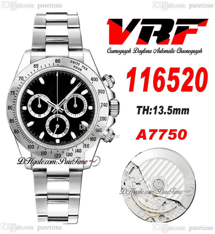 VRF 11652 A7750 AUTOMATISK KRONOGRAF MENS Titta på takymeter Bezel Black Stick Dial Rostfritt Steel Armband Super Edition Samma Series Card Puretime F6