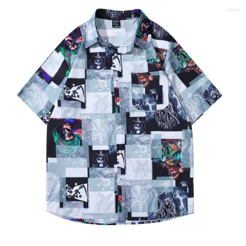 Männer Casual Hemden Männer Sommer Bluse Hemd Streetwear Hip Hop Schädel Druck Button Up Hawaiian Harajuku Kurzarm Tasche Top