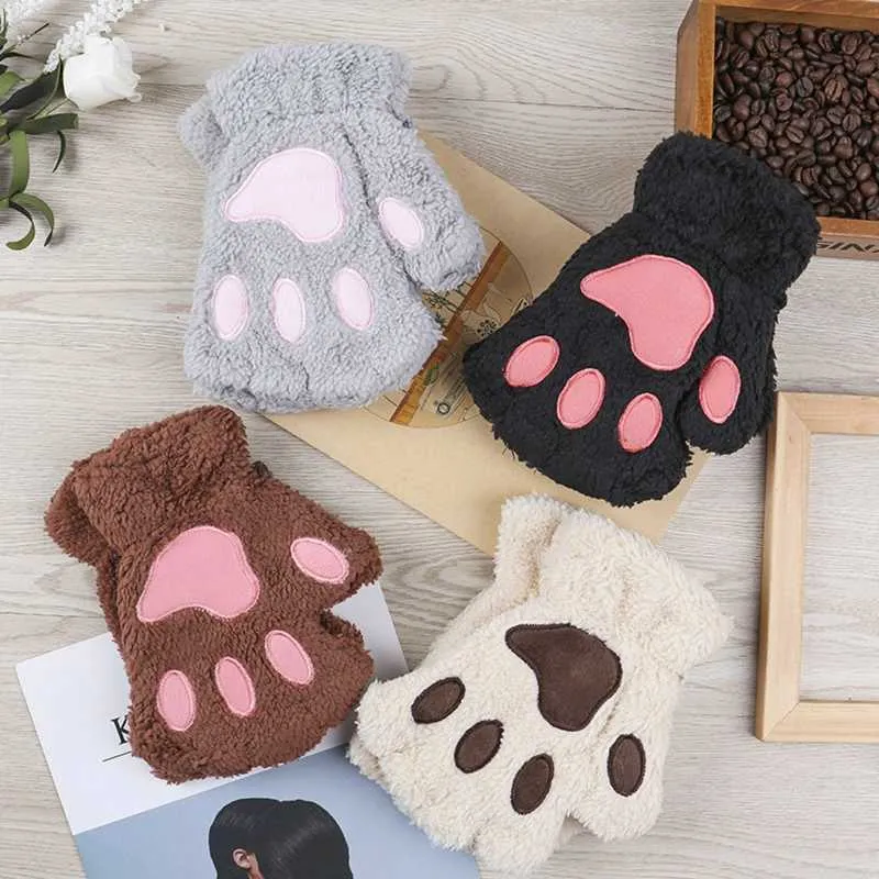 Fingerlösa handskar Mjuk Varm Plysch Fingerless Panda Handskar Flip Half Finger Vantar Dam Vinter Söt Cat Paw Fluffy Glove Flickor Julklappar L221020