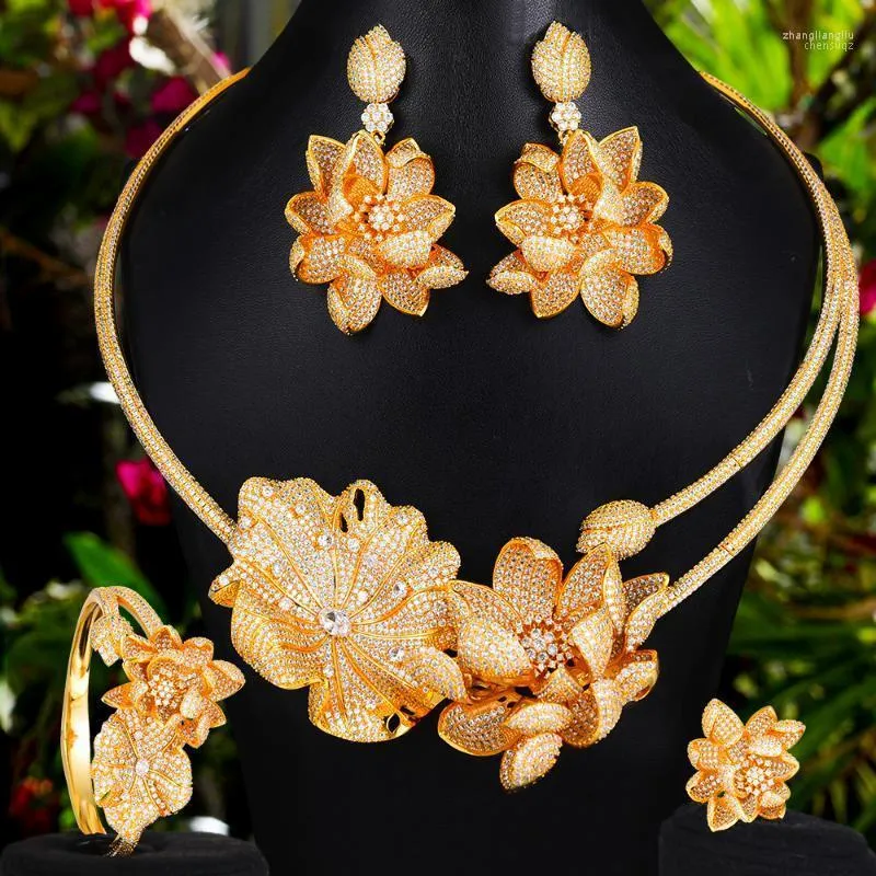 Halsband ￶rh￤ngen Set Godki Luxury African Lotus Flower for Women Wedding Cubic Zirconia Dubai Bridal 2022 Party Gift