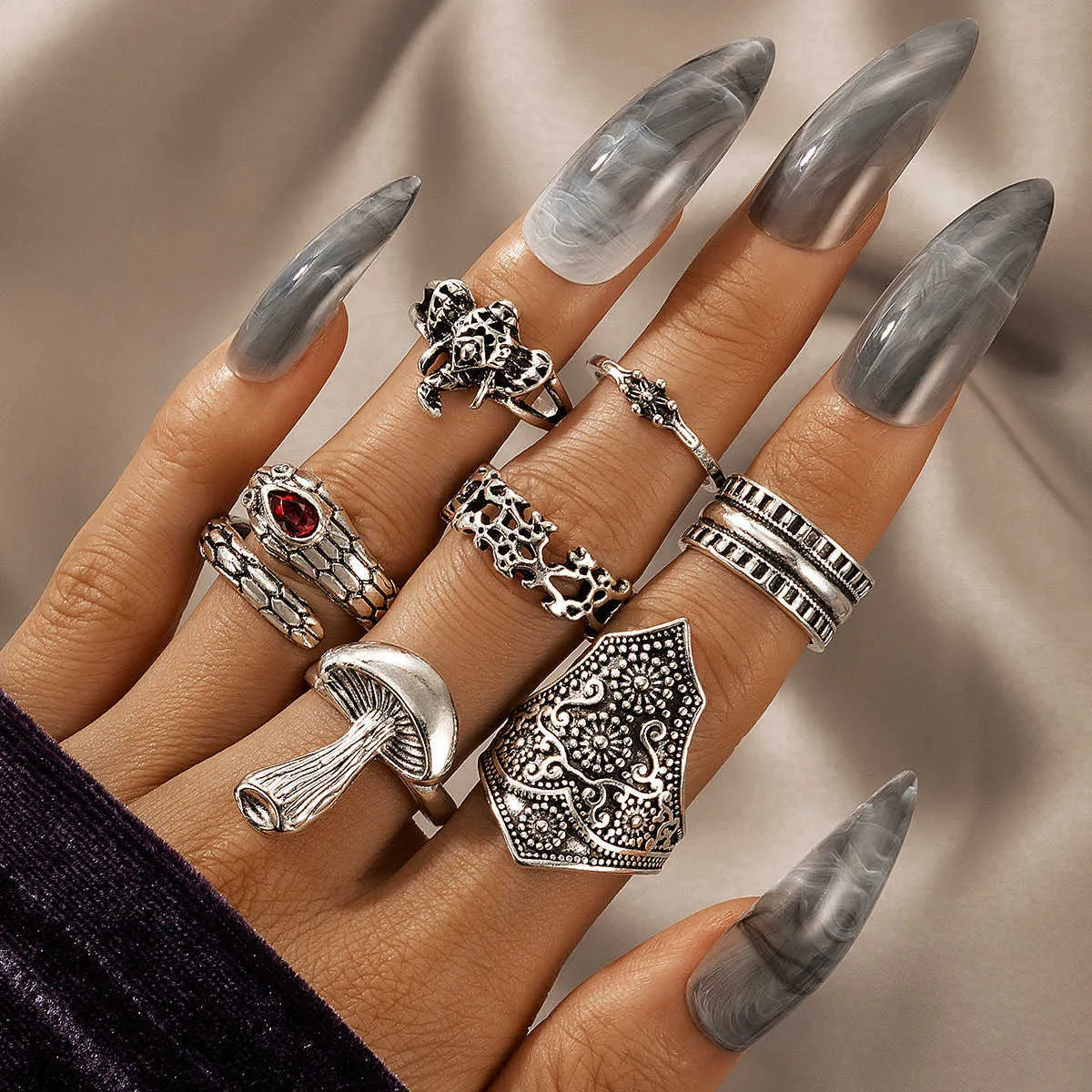ny nationell stil svamp orm elefant silver 7-stycke ring set kvinnlig