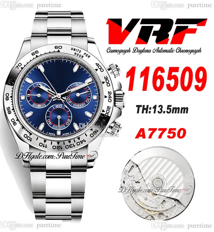 VRF 11650 A7750 Automatisk kronograf MENS Titta p￥ takymeter Bezel Blue Stick Dial Rostfritt st￥l Armband Super Edition Samma seriekort Puretime E5