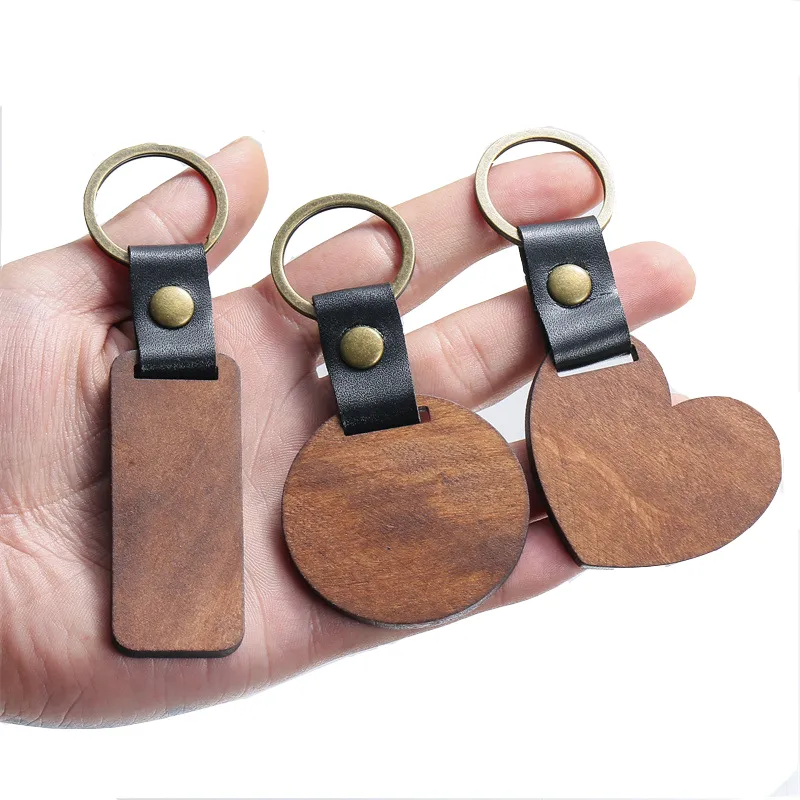 Porte-clés en bois bricolage pendentif faveur de fête porte-clés en cuir en forme de coeur porte-clés en Bronze cadeaux de noël porte-clés