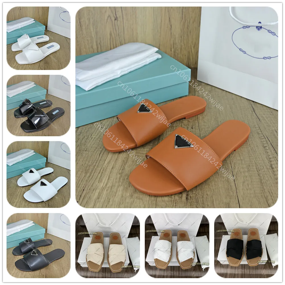 Utförsäljning Dam Sommartofflor Sandaler Lyx Slides Skor Dam Flip Flops Läder Flats P Triangle Mark Sandles Pantoufles Sandaler Gratis Tofflor 1.99USD