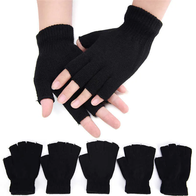 Fashion Men Black Knitted Stretch Elastic Warm Half Finger Fingerless Gloves Winter