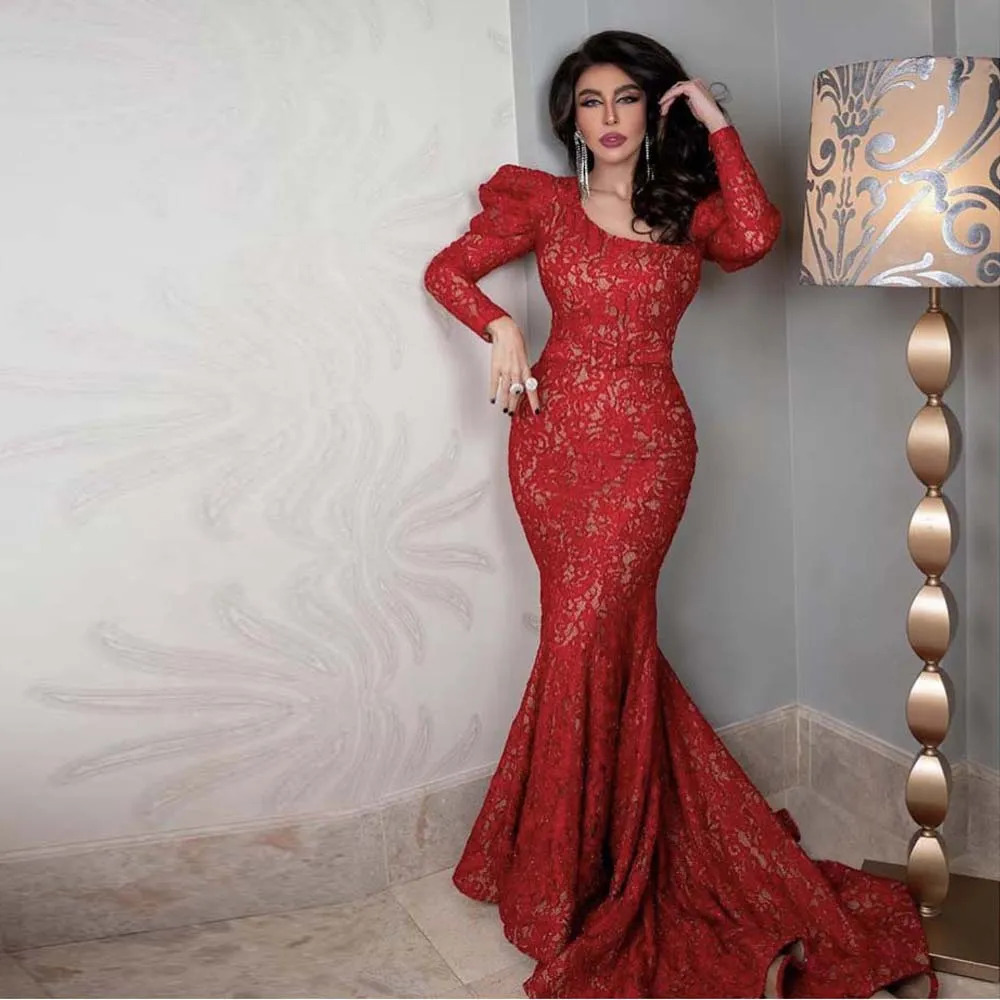 Red Full Lace Evening Dresses Scalloped Long Sleeve Formal Gown Sweep Train Arabic Dubai Vestidos de Fiesta 326 326