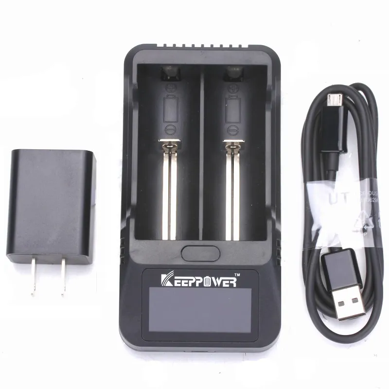 US EU PLUG KeepPower 3.7V Li-ion Smart Doulbe Battery Charger met L2-scherm Shows voor oplaadbare batterijen van 10440/14500/16340/16650/18350/18500/18650/26650