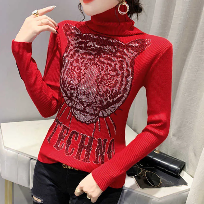 Women's Sweaters 2022 New Knitted Clothes Leopard Head Red Sweater Women Luxury Hot Rhinestone Diamond Sweatshirt Female Streetwear T221019