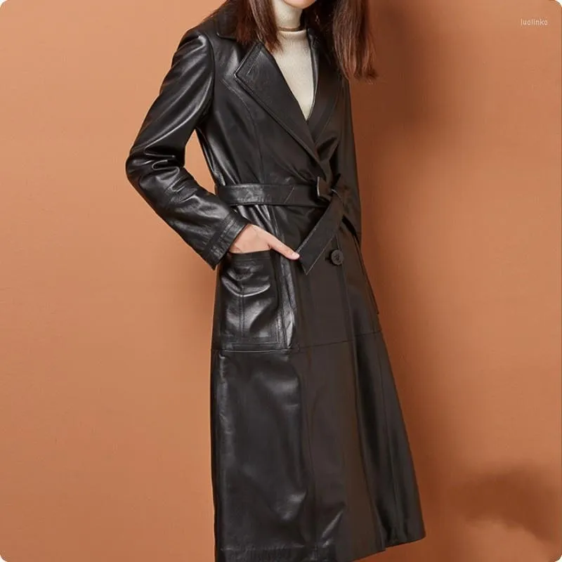 Women's Leather Sheepskin Womens Genuine Jackets Fashion Slim Fit Female Long Coat Belt Overcoats Plus Size Chaqueta De Cuero