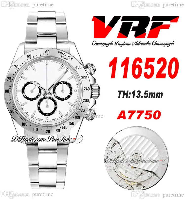 VRF 11652 A7750 AUTOMATISK KRONOGRAF MENS Titta på takymeter Bezel White Stick Dial Rostfritt Steel Armband Super Edition Samma Series Card Puretime G7