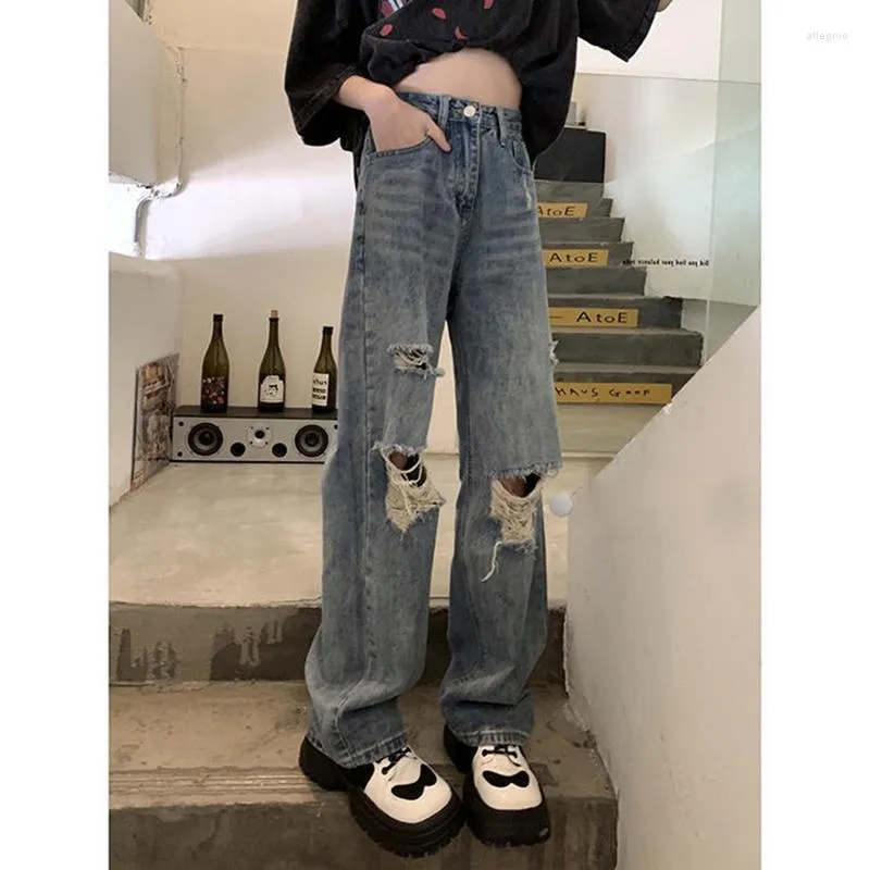 Kvinnors jeans kvinnor retro denim baggy h￶g midjeh￥l rippade ton￥ringar streetwear all-match pojkv￤n l￶sa raka byxor koreanska