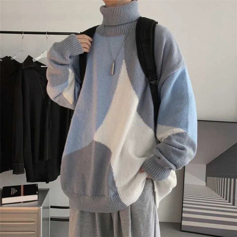 Herrenpullover Rollkragenpullover Männer Mode Herbst Winter Gestrickte Pullover Farben Patchwork Trendy Streetwear Männliche Baggy Strickwaren 2021 T221019