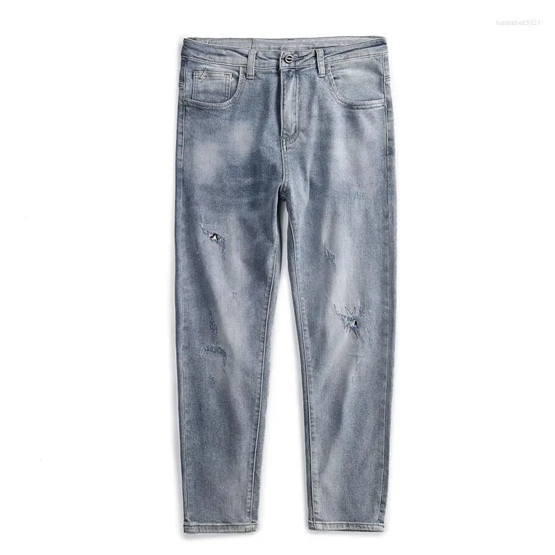 Herr jeans vår och höst tunn ljus färg hål mode märke avancerad Harlan Little Feet Soft Men's Slim Fit Casual Personality