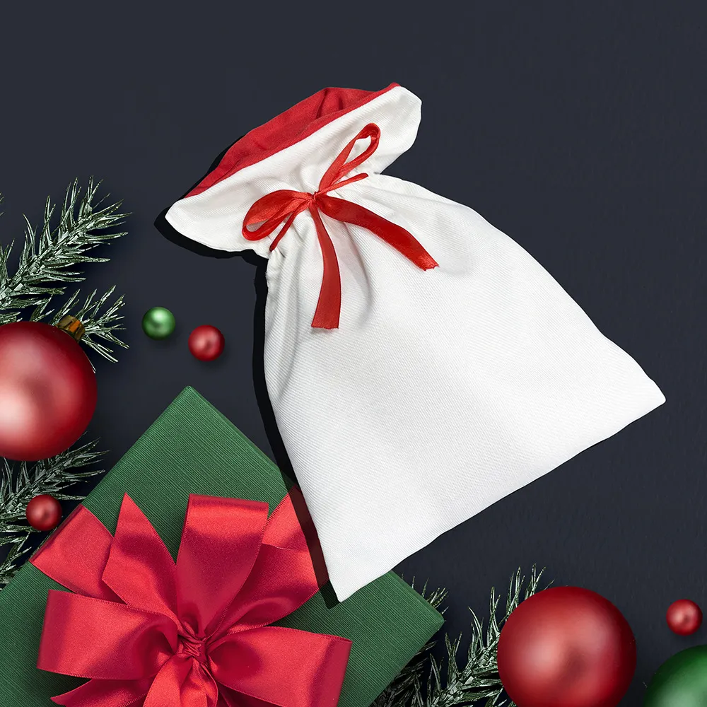 Sublimation Blank White Gift Bag Christmas Decorations Silk Ribbon Heat Transfer Printing Linen Candy Bag With draw string For Xmas Gifts Packing Colors Many B5