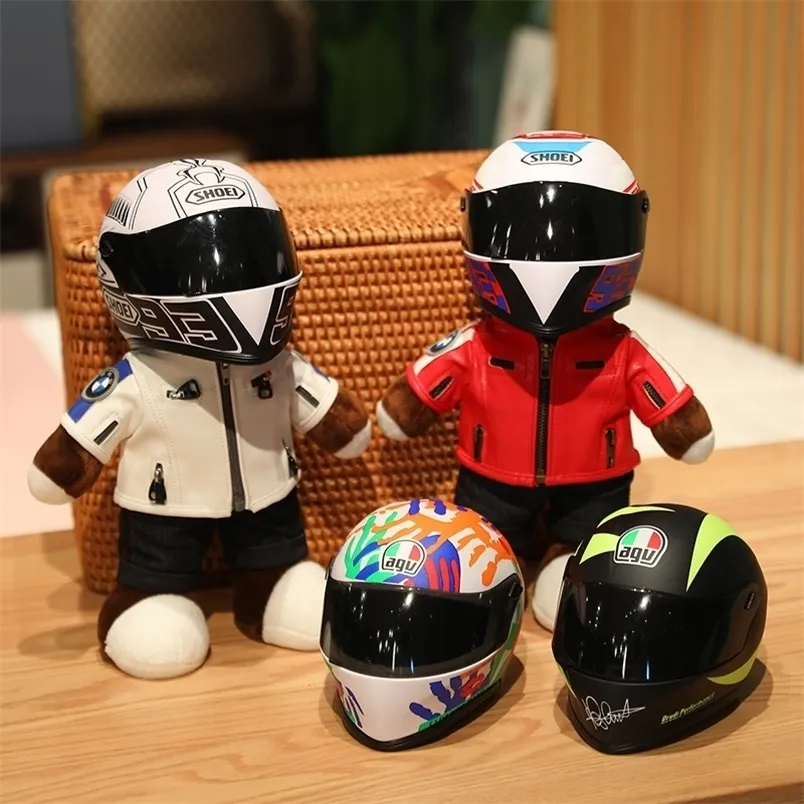 Dolls de pelúcia criativa motocicleta de pelúcia brinquedos de ursinhos recheados com jaqueta de capacete travesseiro macio garotos meninos presentes de presente 221019