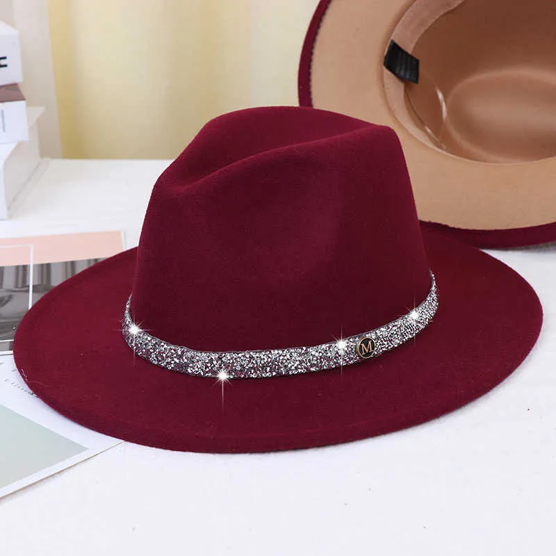 Czapki czapki/czaszki niebo niebieski diamentowy zespół wełna fedora czapki dla kobiet Jazz Cap Belt unisex kolorowy fedorap hat fashion kościelny kapelusz czapki czapki t221013