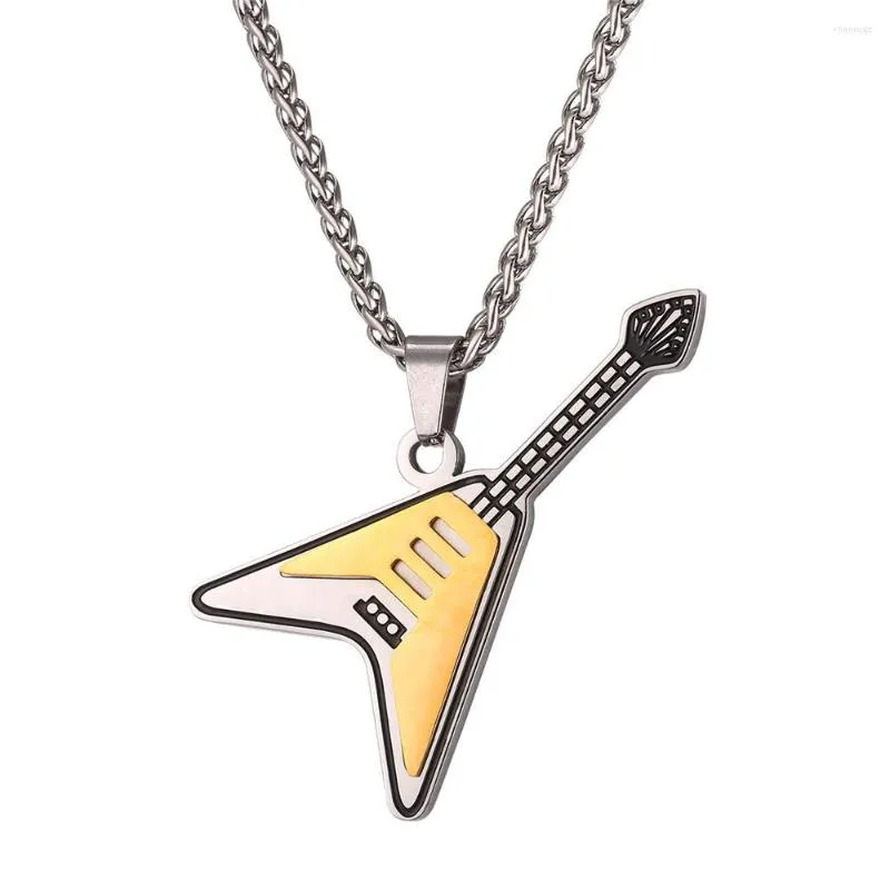 Pendant Necklaces Collare Guitar Gold/Black Color Stainless Steel Music Accessories Hippie Notation Fans Necklace P508