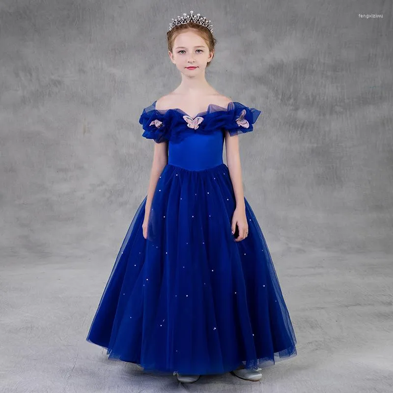 Mädchenkleider Europa Amerikanischer Stil Blumenkleid Niedlich U-Boot-Ausschnitt Blau Spitze Tüll Lange Prinzessin Große Mädchen zeigen