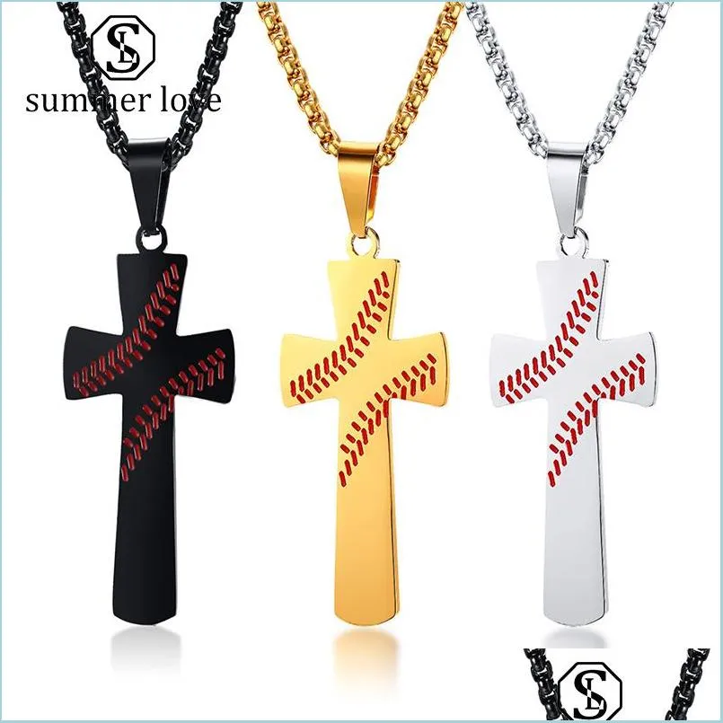 Pendant Necklaces Fashion Baseball Cross Pendant Necklace For Women Men Creative Stainless Steel Christian Religion Engraved Lord Bib Dhox2