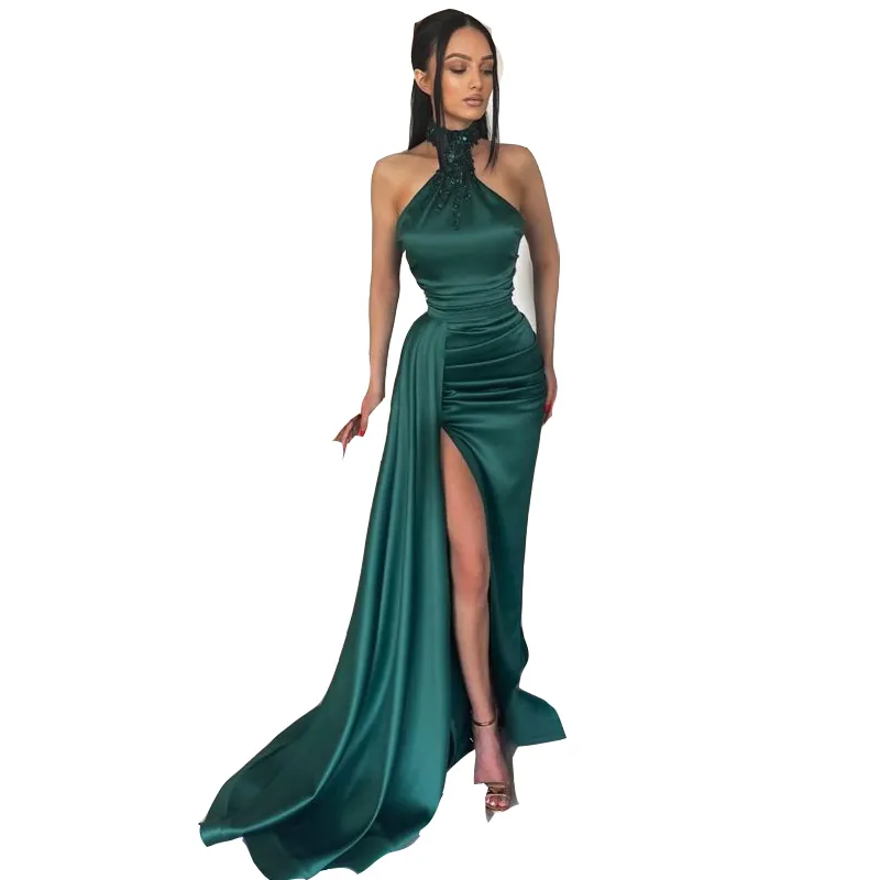 green emerald velvet dress Berylove Women Dark Green A Line Maxi Mother Dress Plus Size Bateau Neck Slit Sleeves Wedding Party Guest Dress, Dark Green / 3XL