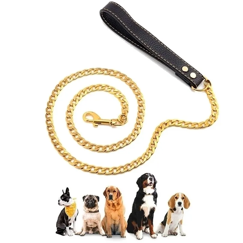 Laisse pour chien en métal de 45 pieds, chaîne en acier inoxydable, laisse pour animaux de compagnie en or 18 carats avec poignée en cuir, entraînement pour chien de taille moyenne 0622