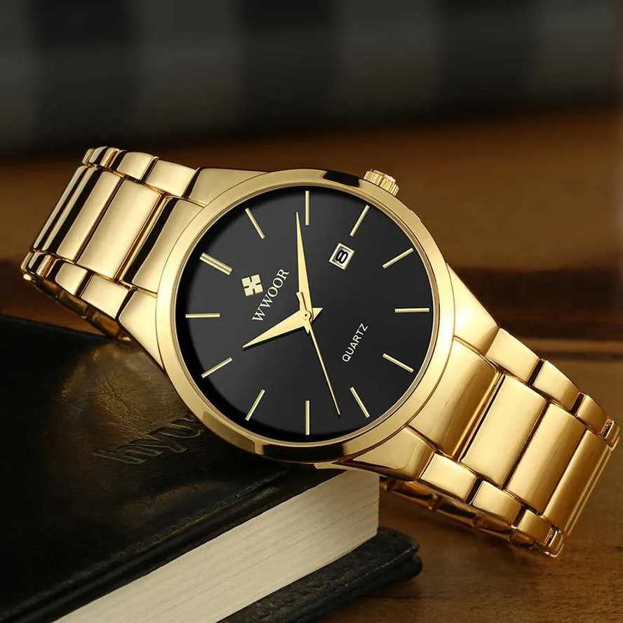 Relojes Hombre 2021 Wwoor Brand Watch Men Quarz Business Sport Uhren Luxus Gold Schwarz Vollstahl wasserdichtes Datum Handgelenk X330K