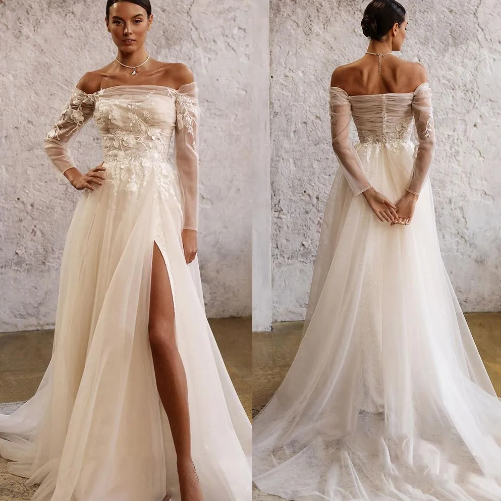 Spalla fuori dalla linea sirena di nozze in pizzo completo abito da sposa a manicotto trasparente abiti di tulle a divisione alta 0418