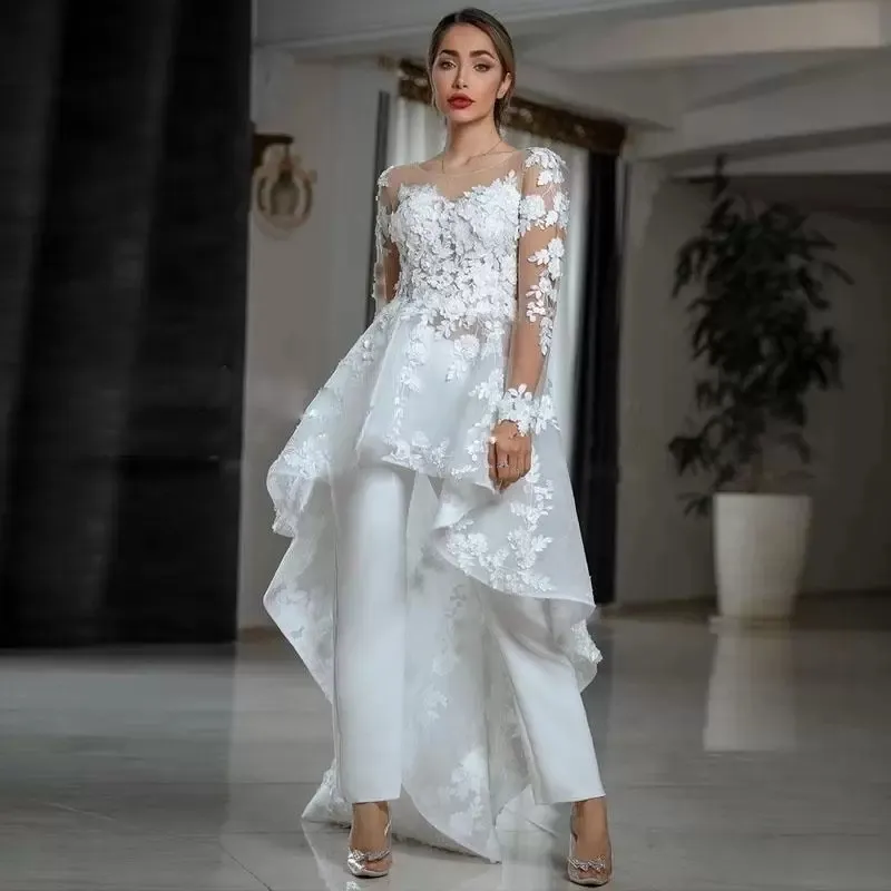 Bobo Jumpsuits Wedding Dress A-Line 3D Floral Lace Appliques Long Sleeve Illusion Crew Neck Bride Pants Suits Outdoor Elopement Bridal Gowns