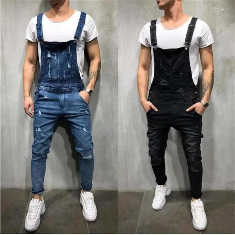 Men's Jeans Fashion Men's Ripped Jumpsuits Ankle Length Letter PrinTing Distressed Denim Bib Overalls For Men Suspender Pants2022