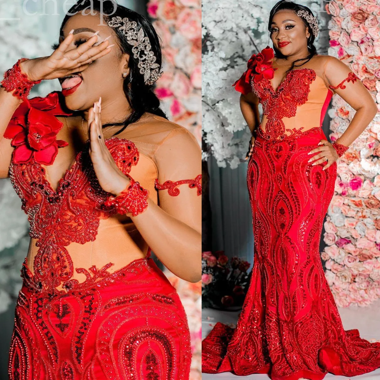 2022 Arabe Aso Ebi Rouge Sirène Robes De Bal Dentelle Perlée Sexy Soirée Formelle Deuxième Réception Anniversaire Robes De Fiançailles Robe ZJ773