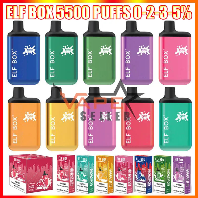 기존 Elf Box 5500 퍼프 일회용 Vape 펜 전자 담배 0% 2% 3% 5% 충전식 650mAh 배터리 13ml Prefilled Pod Bar Kit VS Lost Mary