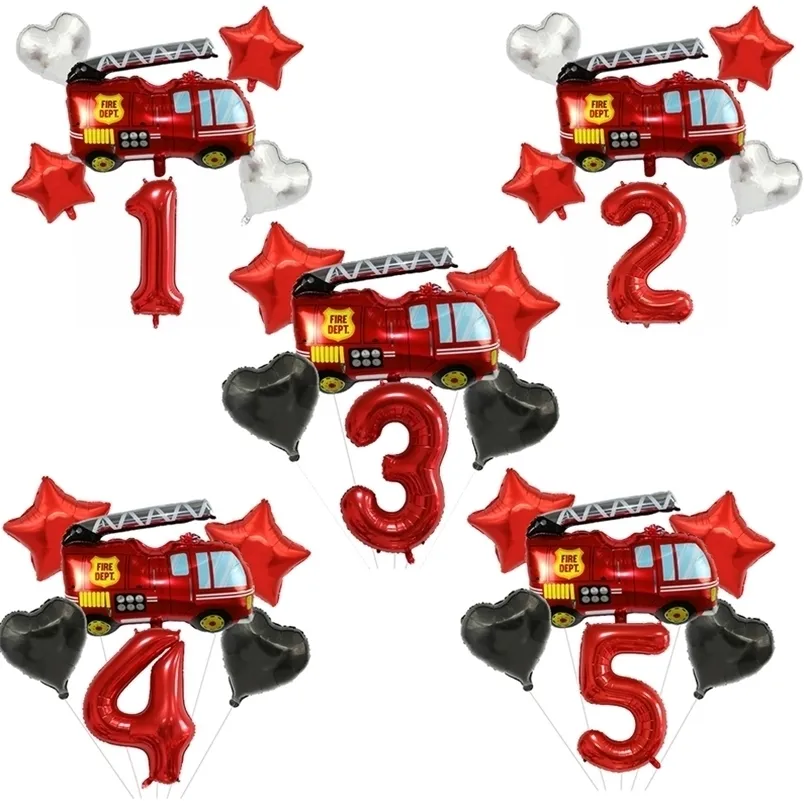 Kerstdecoraties 6 stks Brandweerman Sam Foil Number Ballonnen Set Gelukkige verjaardagsfeestje Deco Ball Boy Gift Vruck Truck Vakantie Baby Shower Supplies 220829