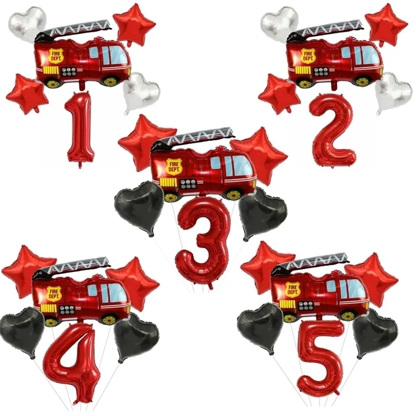 Décorations de Noël 6pcs Fireman Sam Foil Numéro Ballons Set Joyeux anniversaire Party Deco Ball Boy Cadeau Fire Truck Holiday Baby Shower Fournitures 220829