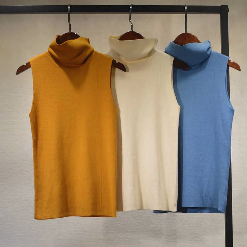 Women's Sweaters Women's Elegant Streetwear Turtleneck Sleeveless Sweater Summer Autumn Slim Stretchable Solid Color Basic Pullover Jumper Top T221019