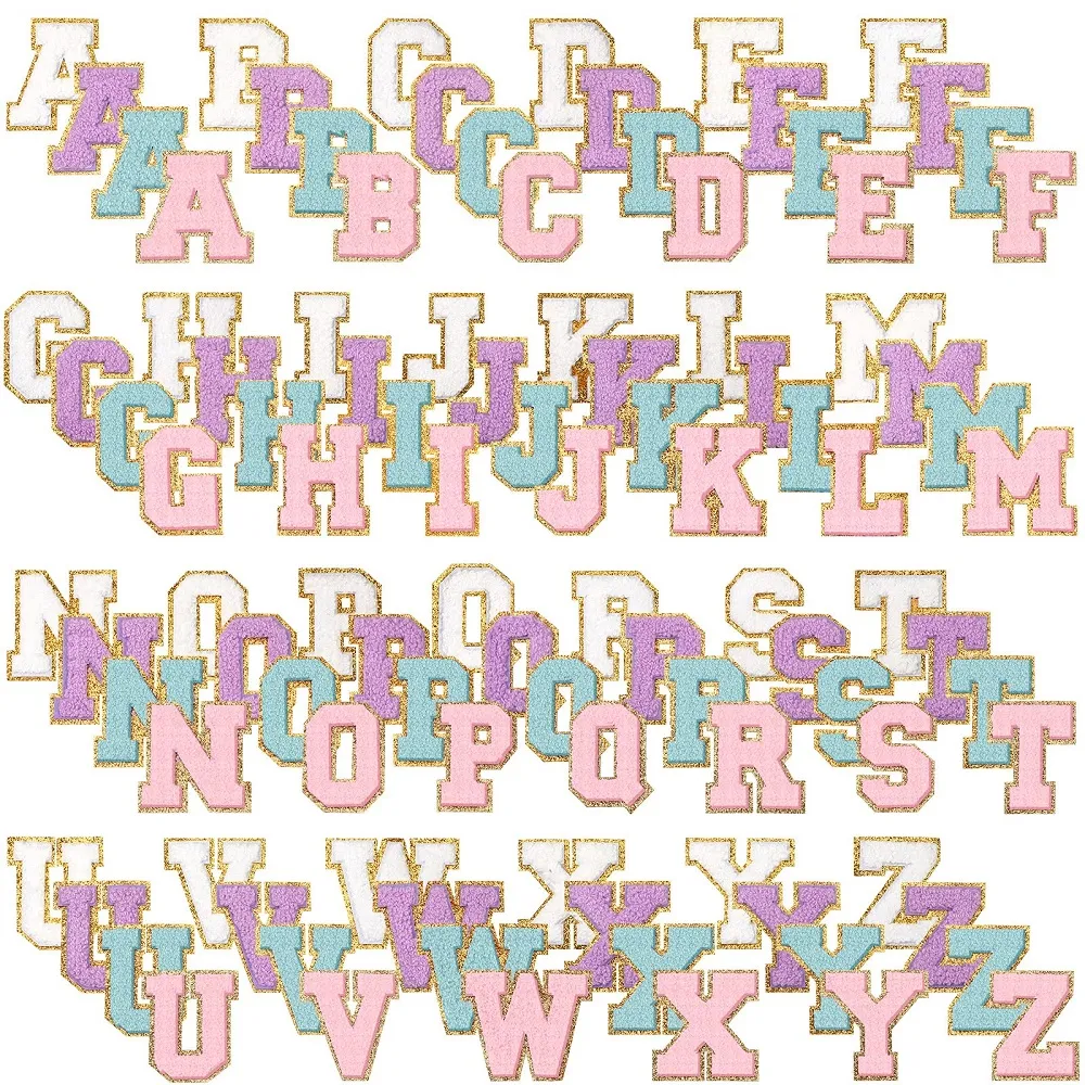 Begrepp 104st Stryk på bokstäver för kläder Bokstavslappar Varsity alfabetet Chenille Patch Självhäftande Dekorativ reparation Broderade applikationer med glitterkant