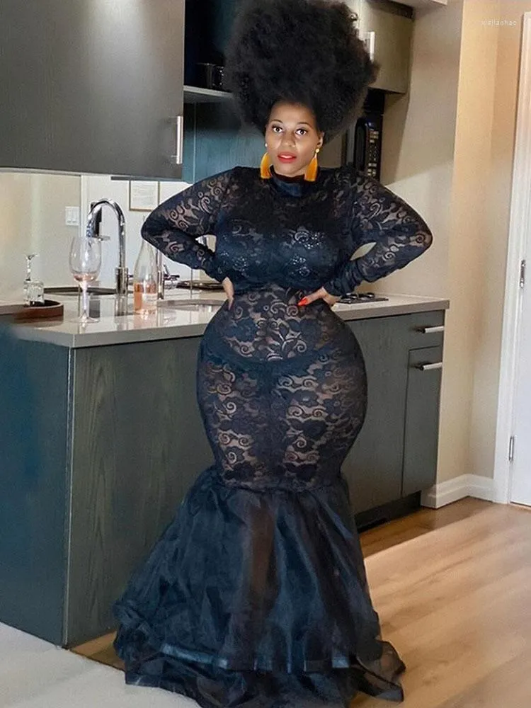 Robes de grande taille femme Sexy fête moulante à manches longues dentelle noir Transparent maille robe en gros en vrac goutte