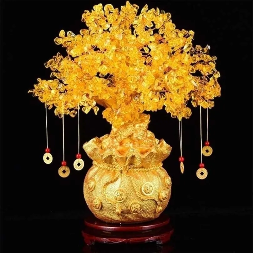 19 cm Albero di cristallo naturale Ornamenti di denaro Stile bonsai Ricchezza Fortuna Feng Shui Decorazioni per la casa con monete d'oro e base 211101