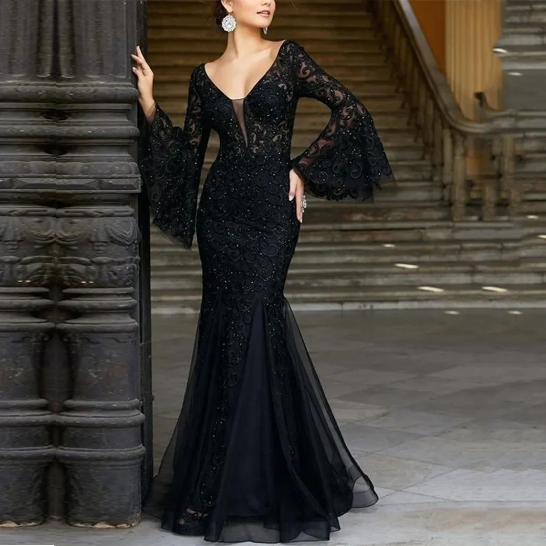 chinese dress ladies Stunning Burgundy Long Mermaid Sweetheart Lace Tulle Formal Evening Dresses main image 1