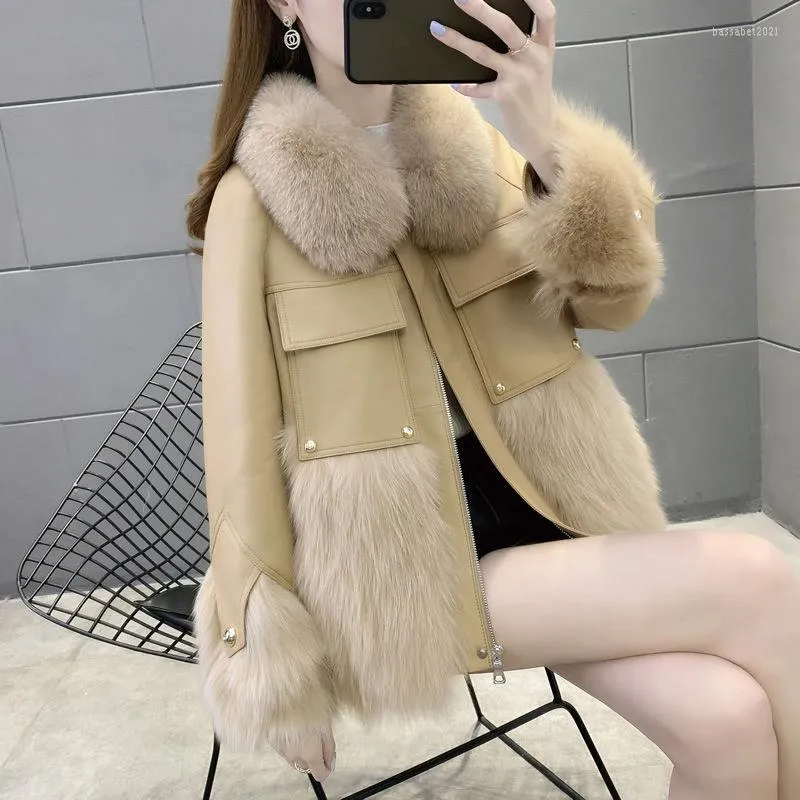 Women's Leather Luxury Clothes Faux Fur Warm Coat Young Lady Sheepskin Patchwork Jacket Winter Women Outdoor Motorcycle Overwear Short