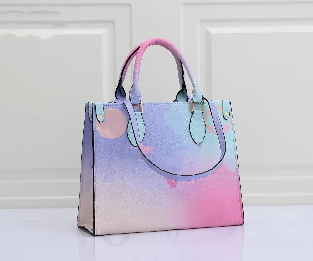 Últimos estilos Onthego Tote Bag Designers Bolsa Glamour Glamour Glorde Color Pu Leather Higt Quality Spring na cidade Rainbow Rendering