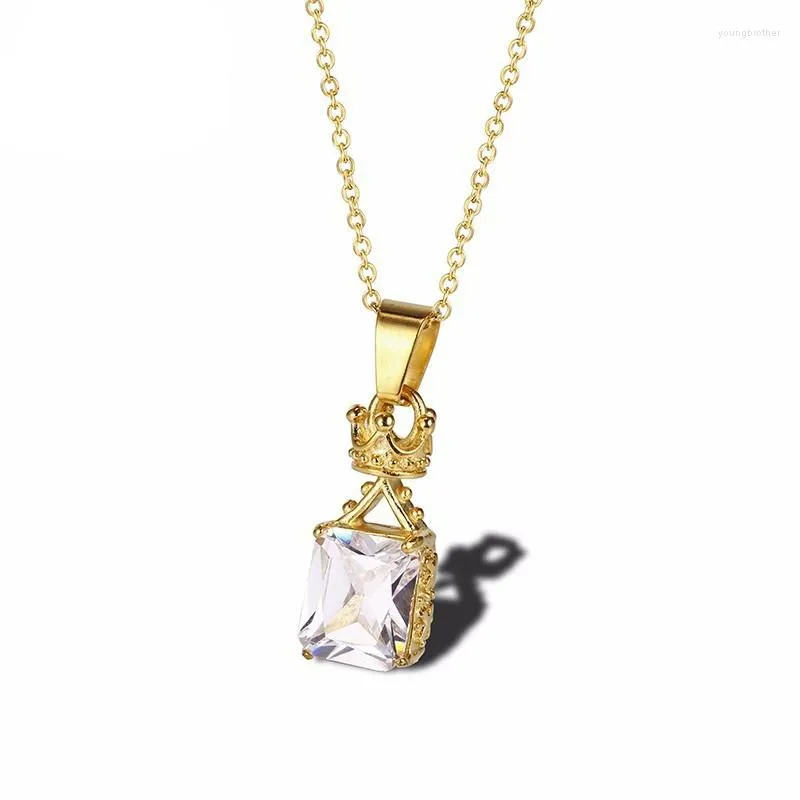 Pendant Necklaces Classic Stainless Steel Gold Crown Square Crystal Necklace Temperament Female Wedding Bride Jewelry