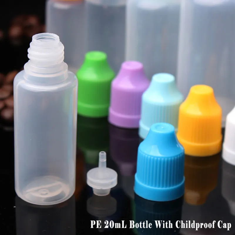 20 ml E-Zigaretten-Tropfflaschen aus Kunststoff mit buntem, kindersicherem Verschluss, lange, dünne Spitze, leere Flasche