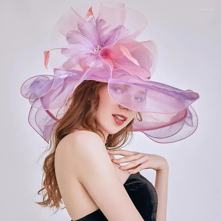 Headpieces 2022 Elegant justerbar organza bröllopshattar för kvinnor bröllop hatt blomma fjäder tillbehör chapeau mariage