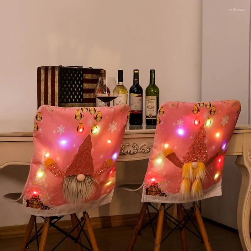 Campa de cadeira D0ad Christmas sem rosto Tampa de gnome LED Decoração de capa de deslizamento de costas rosa claro
