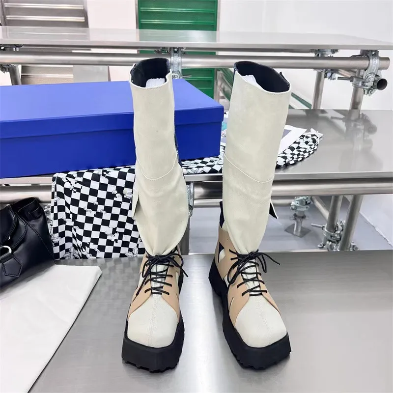 Runway Autumn Flat Thick Sole Boots Over The Knee Women Mixed Color Denim Cloth Splicing Elastic Band Punk Style Long Boots